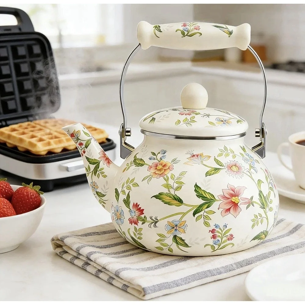 Floral Enamel Tea Pot Kettle Stove Top Porcelain  Cottage Core Farmhouse Nice! - Picture 15 of 15